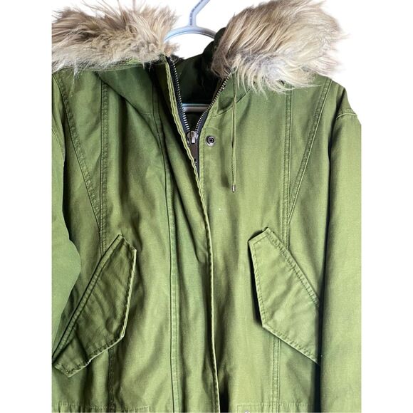 ASOS Olive Green Faux Fur Hooded Parka Coat Quilted Lined Jacket Women’s Size 12 - Picture 3 of 8